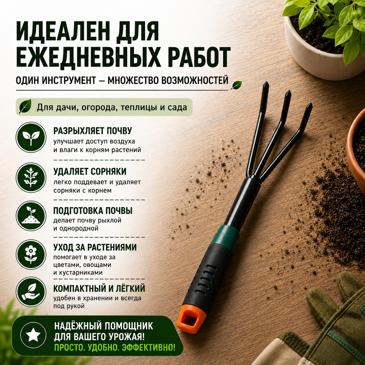 Культиватор ручной трехзубый для дачи и огорода
