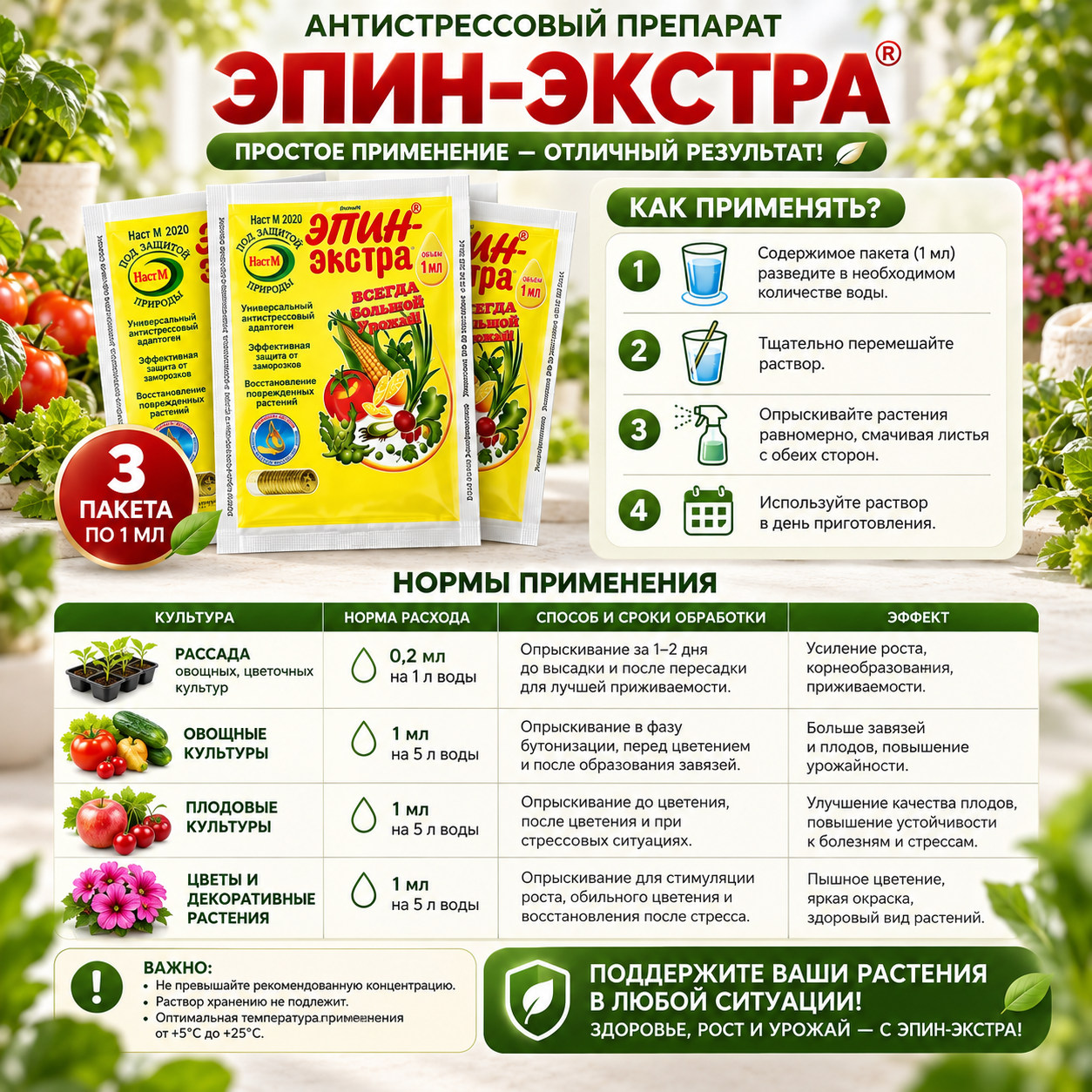 Стимулятор роста растений Эпин-Экстра 3 шт по 1 мл