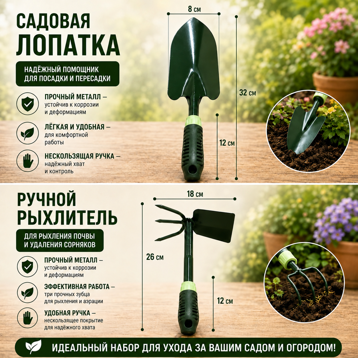 Набор садовых инструментов 3 в 1: лопатка и ручной рыхлитель