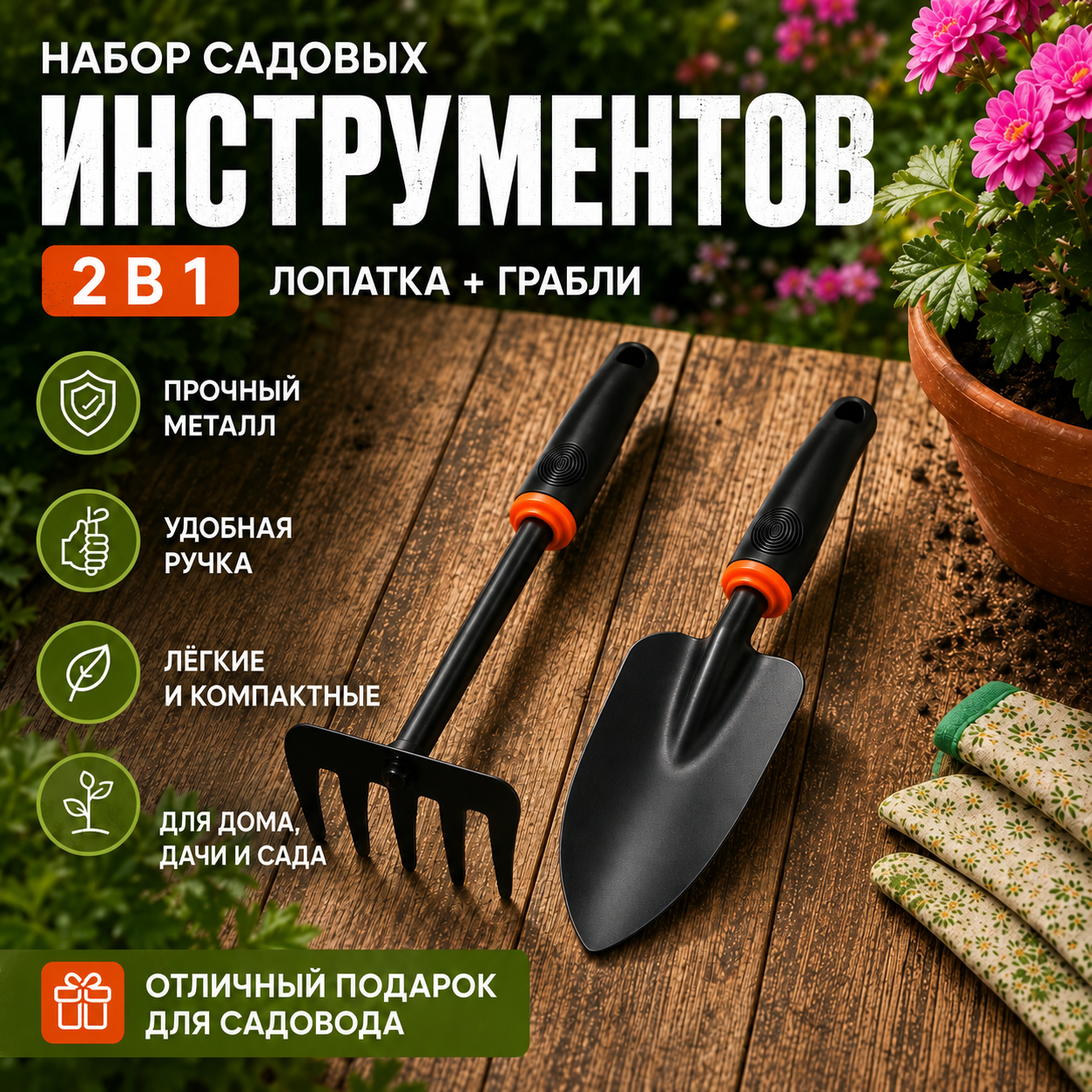 Набор садовых инструментов : Мини-грабли и Совок-лопатка