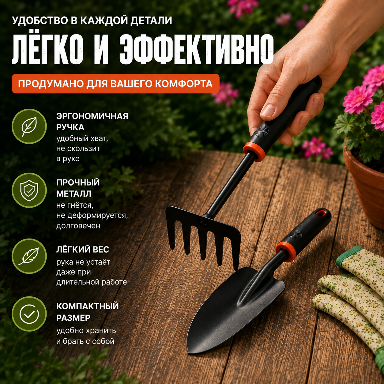 Набор садовых инструментов : Мини-грабли и Совок-лопатка