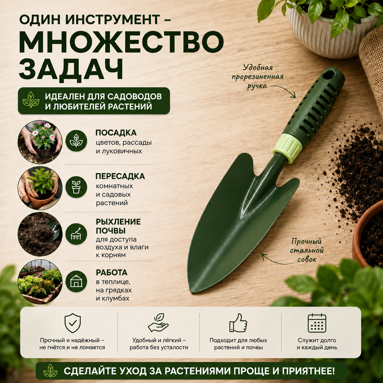 Садовый совок-лопатка с эргономичной ручкой