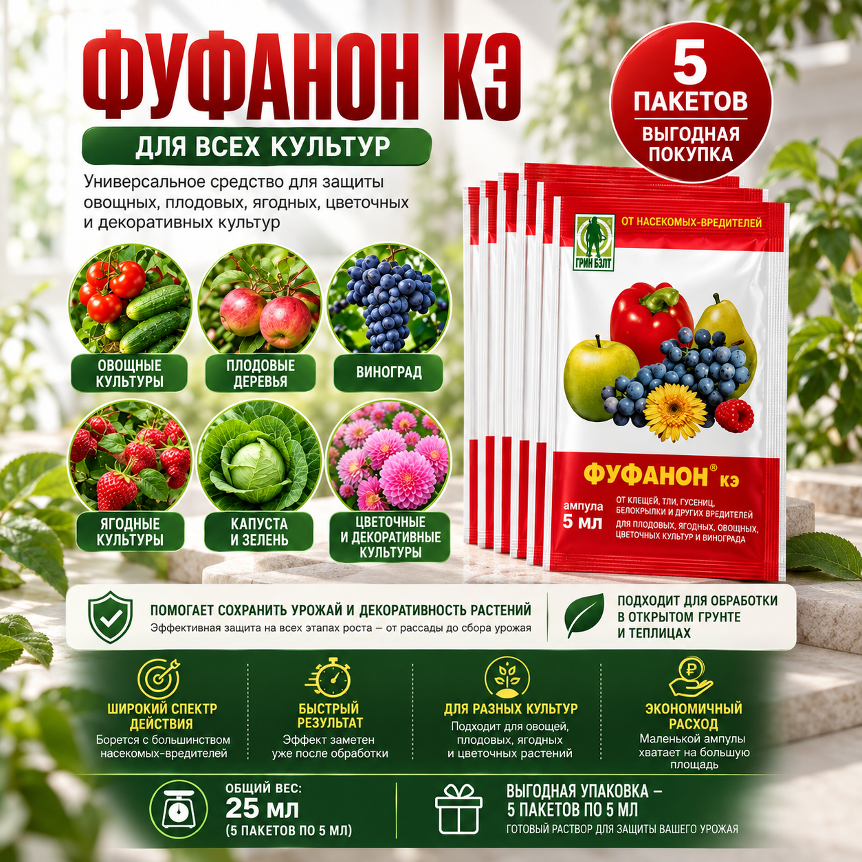 Инсектицид Грин Бэлт Фуфанон КЭ 5 Ампул 1 мл от вредителей.