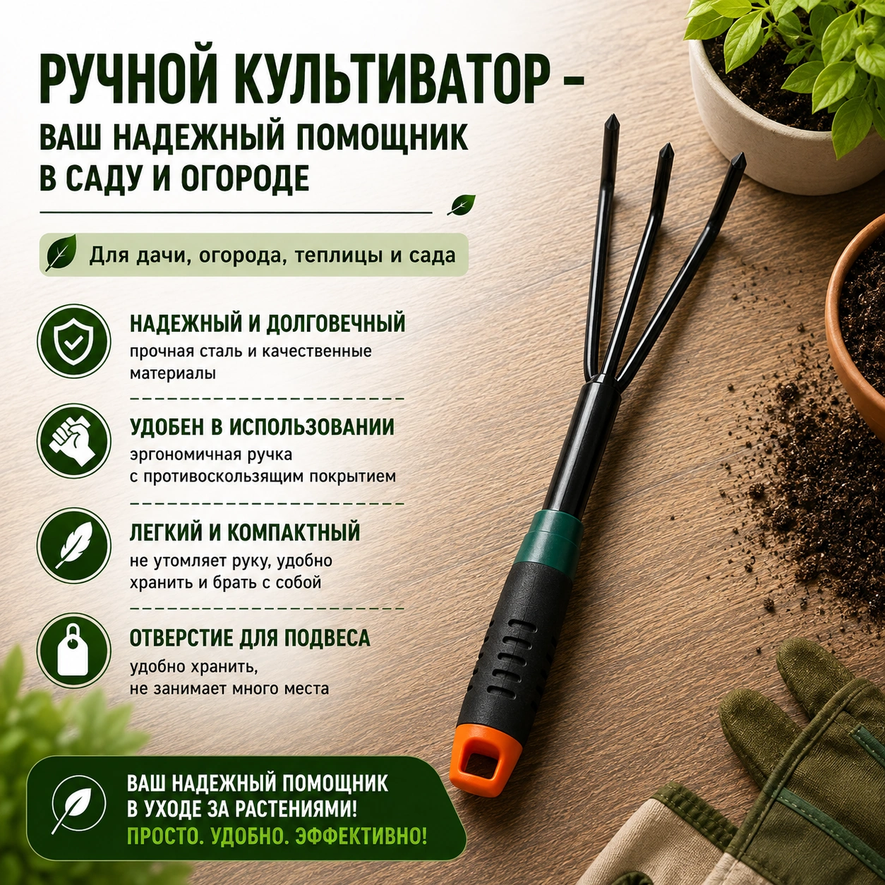 Культиватор ручной трехзубый для дачи и огорода