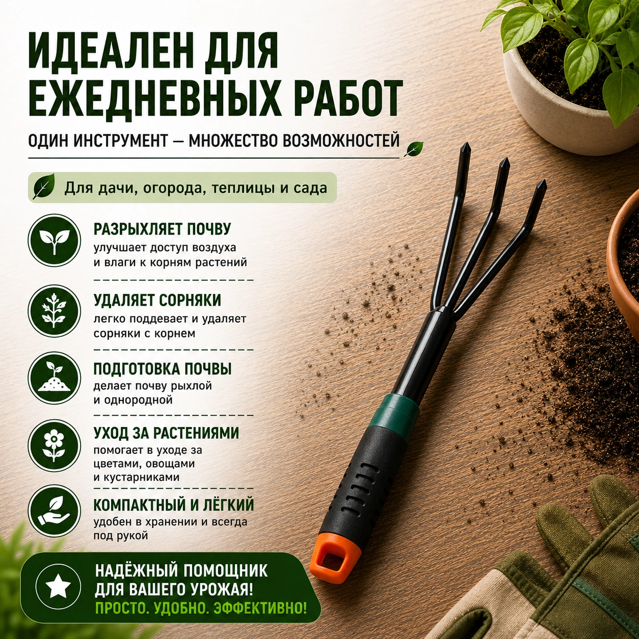 Культиватор ручной трехзубый для дачи и огорода