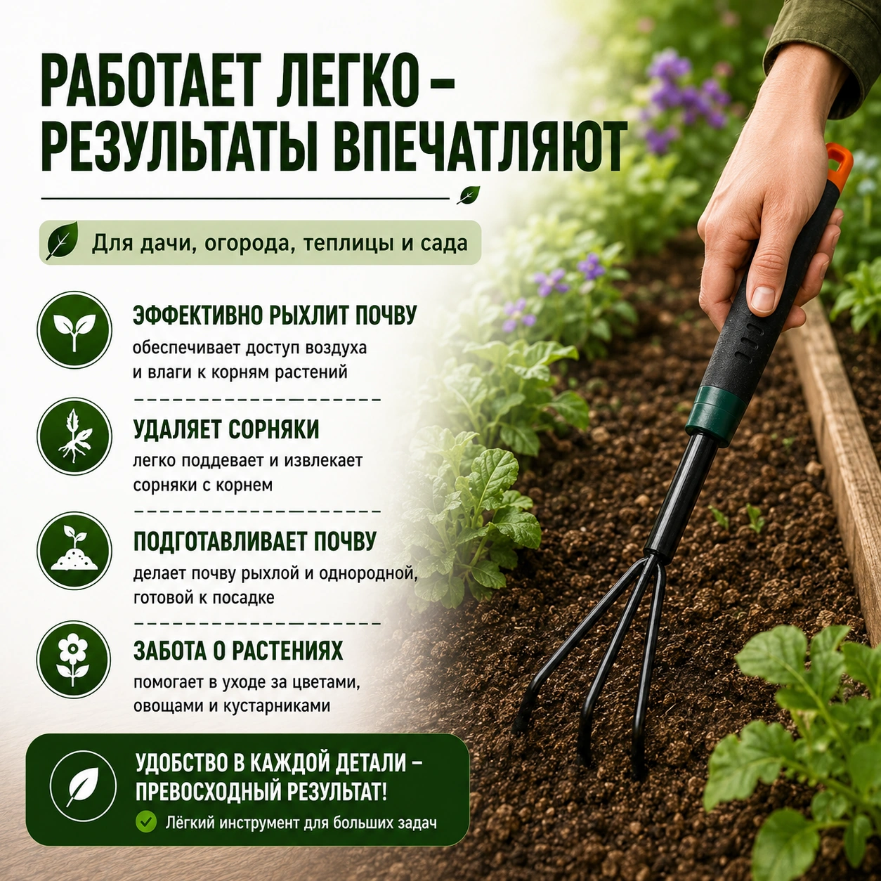 Культиватор ручной трехзубый для дачи и огорода