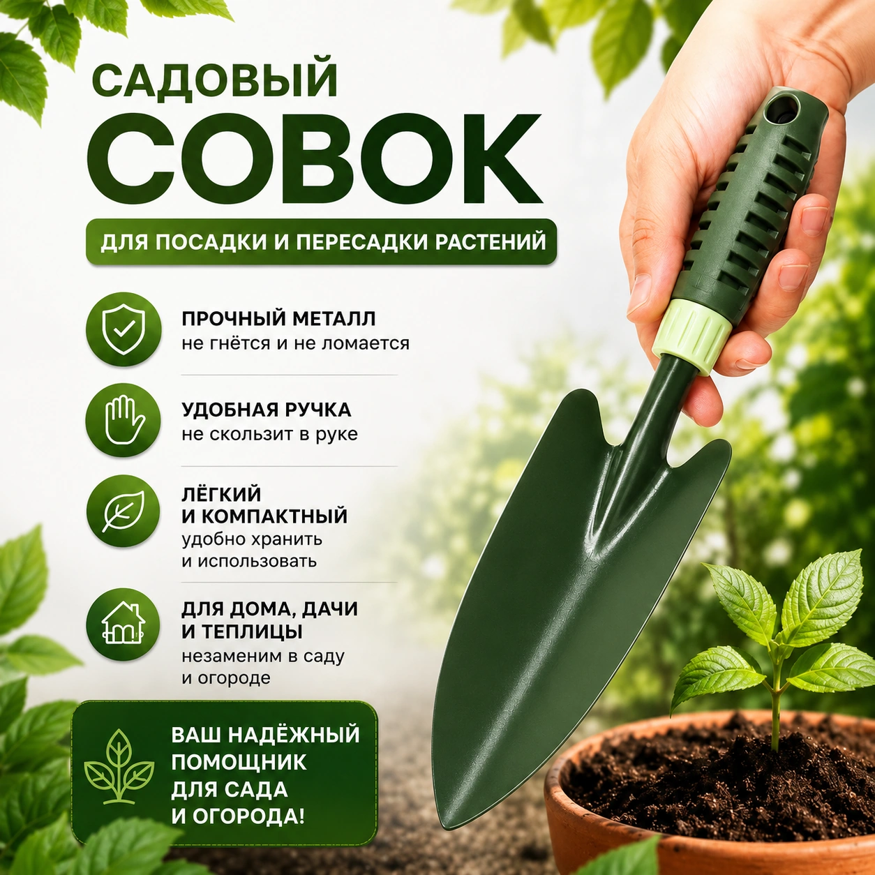 Садовый совок-лопатка с эргономичной ручкой