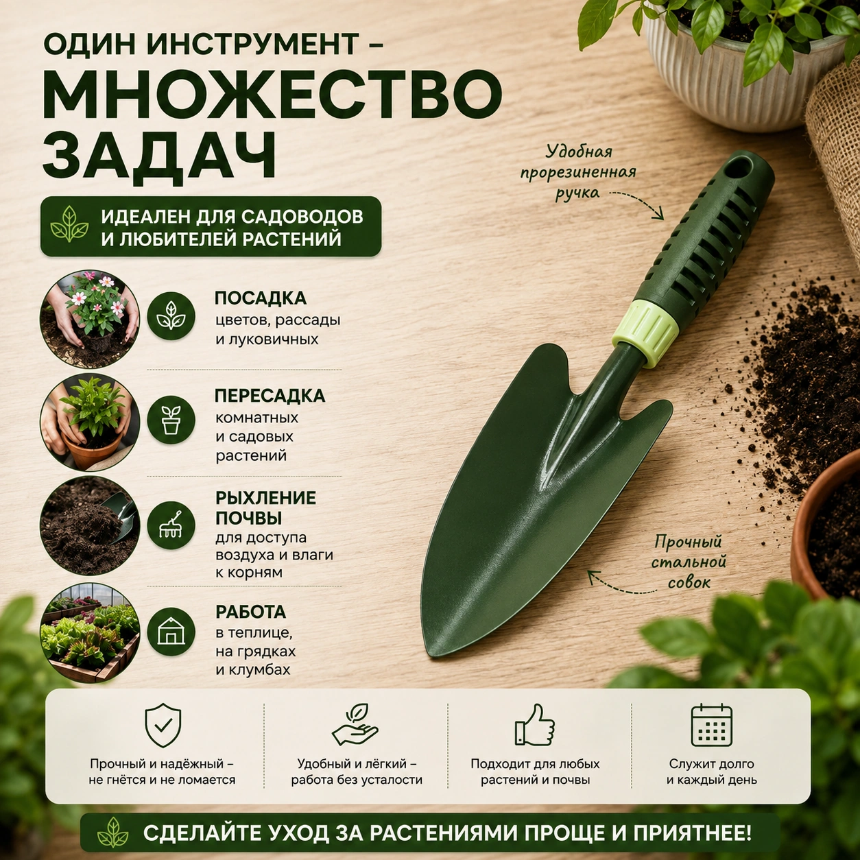 Садовый совок-лопатка с эргономичной ручкой