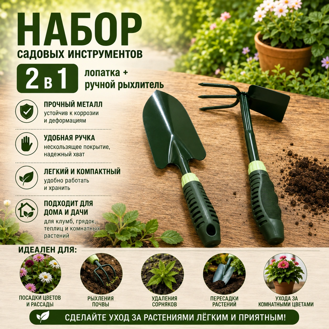 Набор садовых инструментов 3 в 1: лопатка и ручной рыхлитель