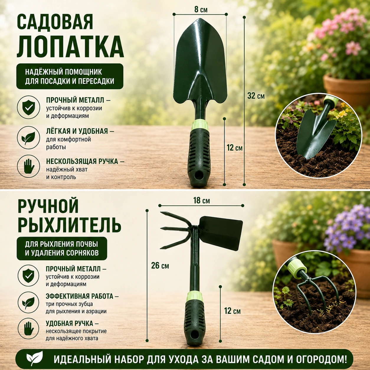Набор садовых инструментов 3 в 1: лопатка и ручной рыхлитель