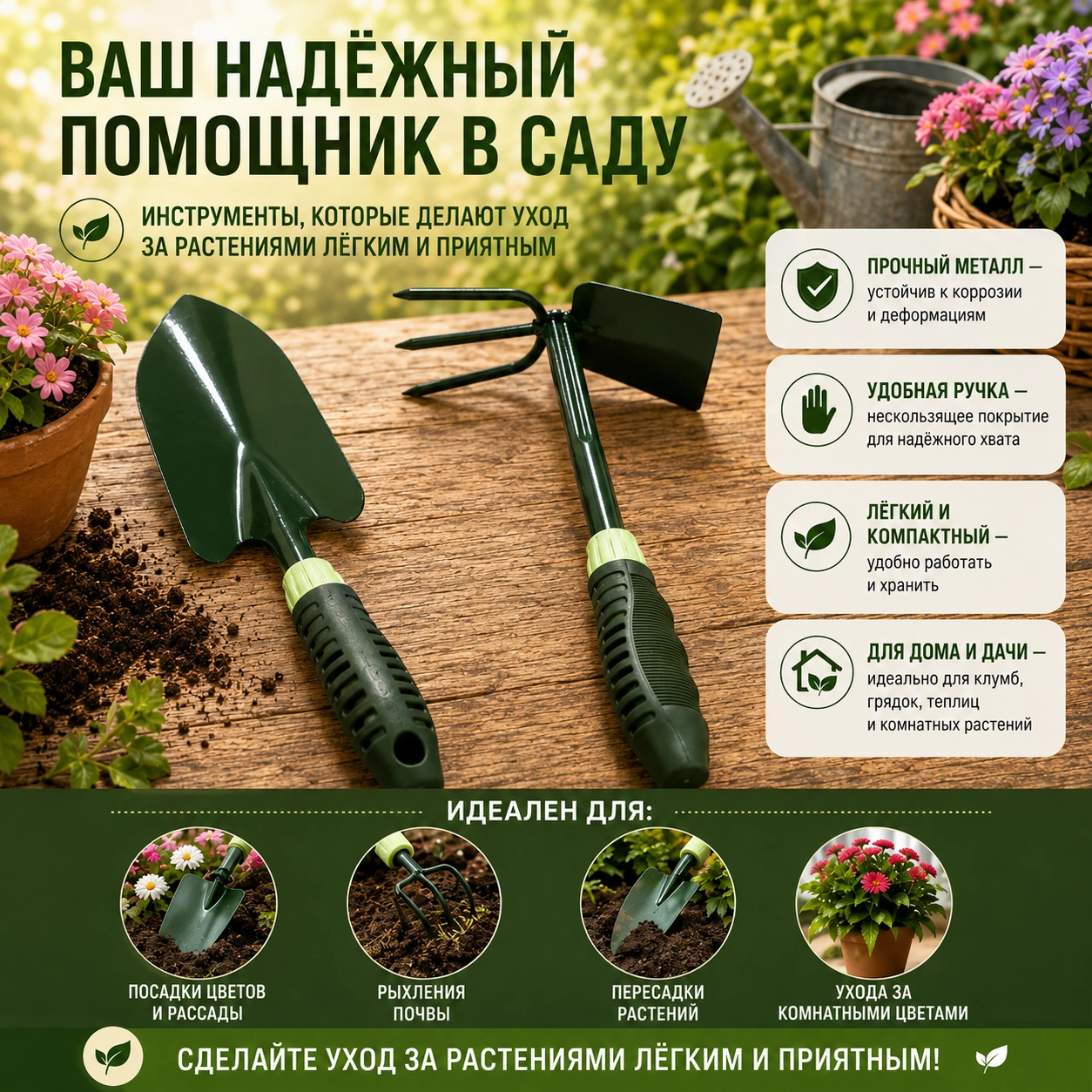Набор садовых инструментов 3 в 1: лопатка и ручной рыхлитель