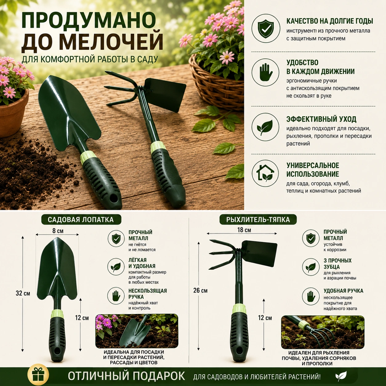 Набор садовых инструментов 3 в 1: лопатка и ручной рыхлитель