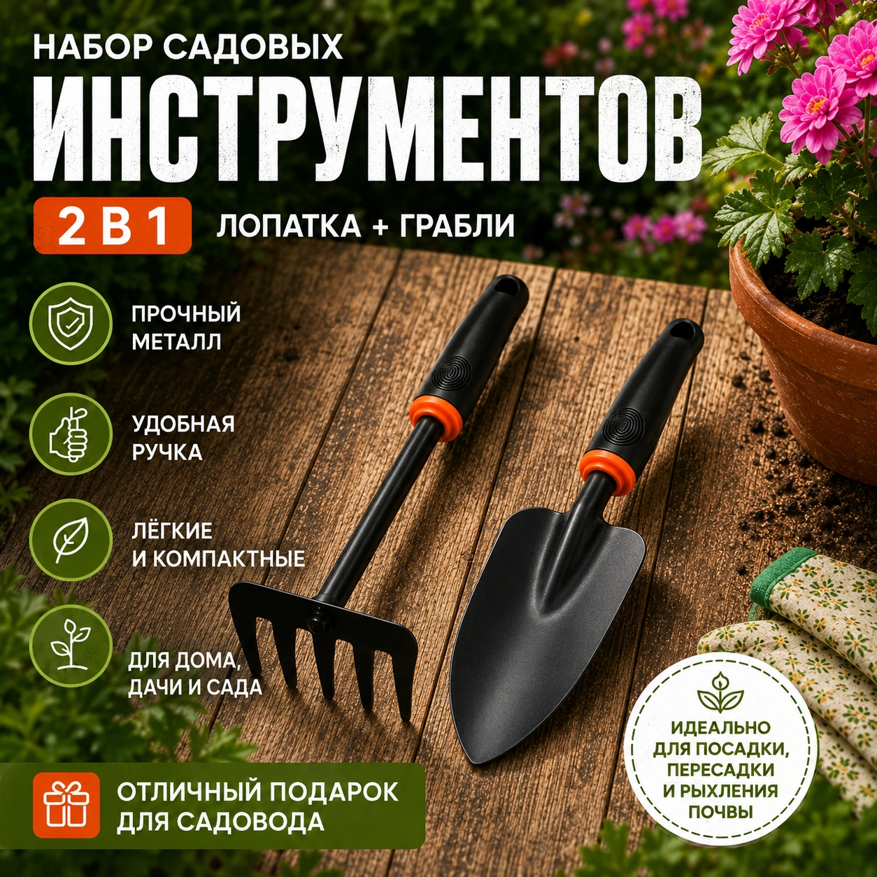 Набор садовых инструментов : Мини-грабли и Совок-лопатка