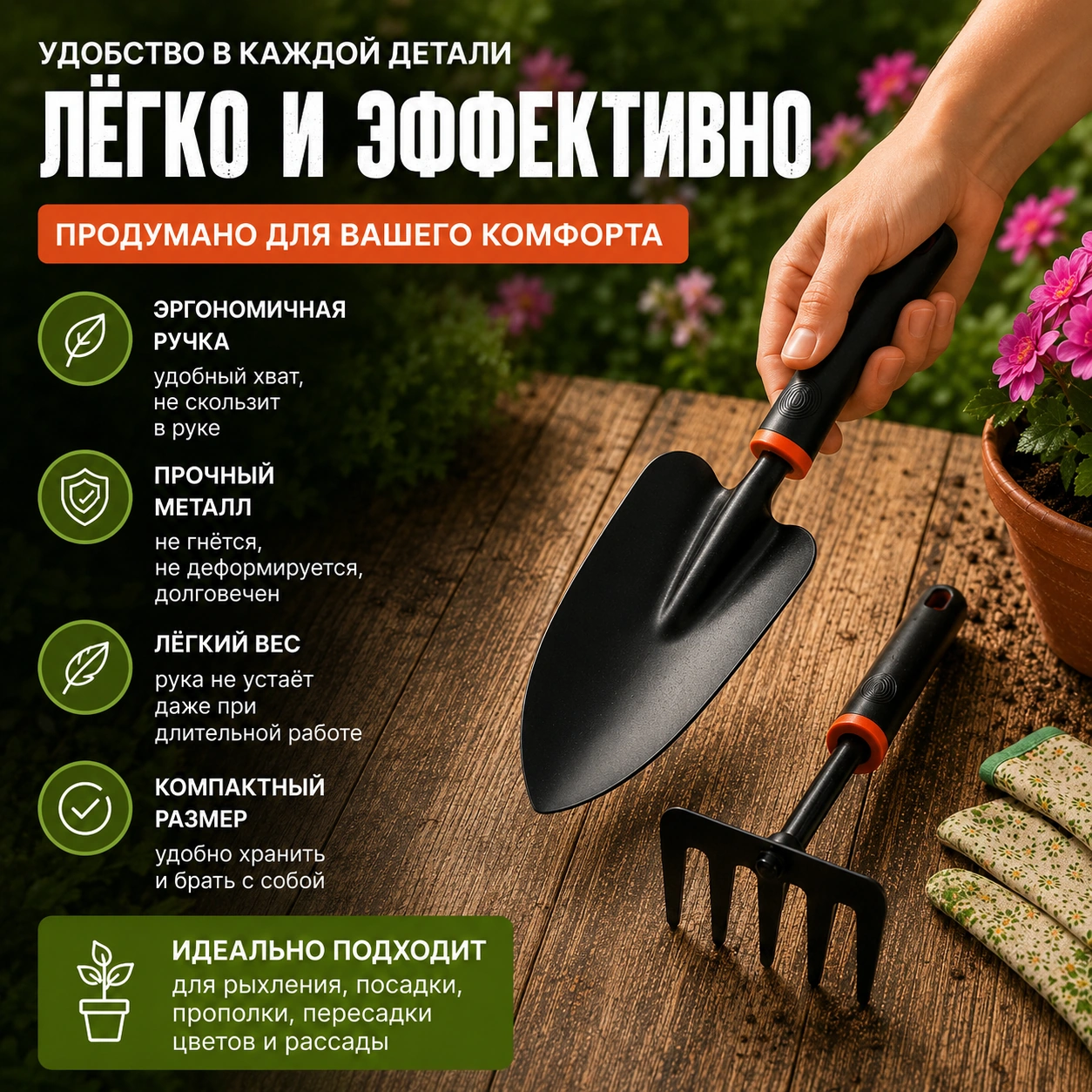Набор садовых инструментов : Мини-грабли и Совок-лопатка