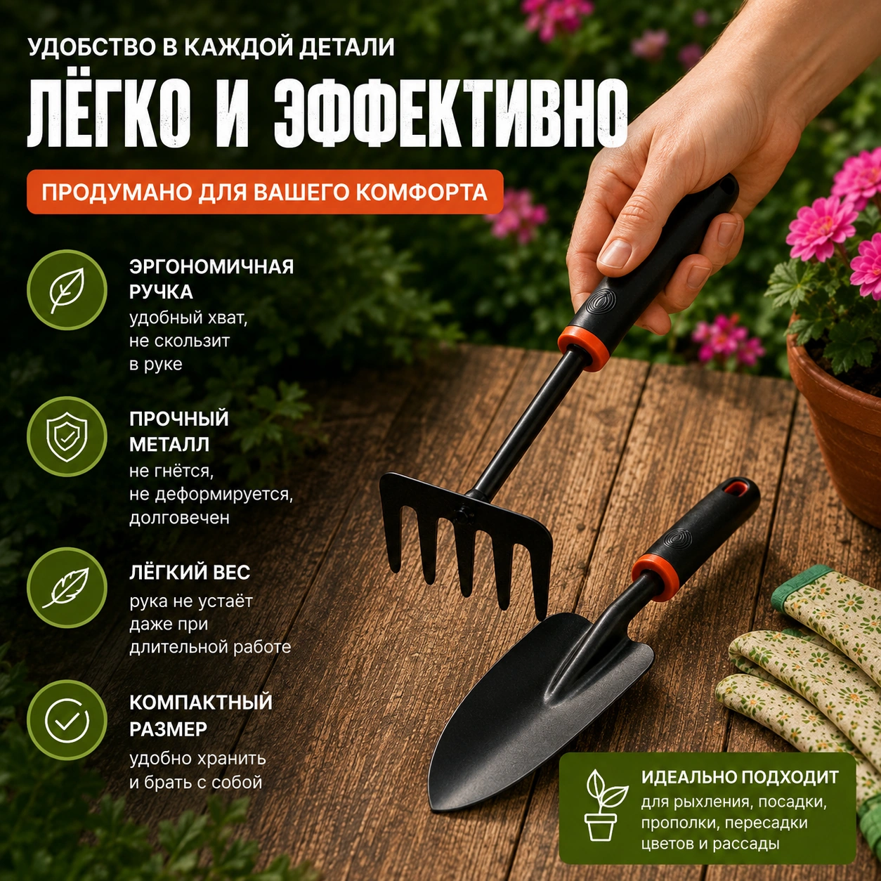 Набор садовых инструментов : Мини-грабли и Совок-лопатка