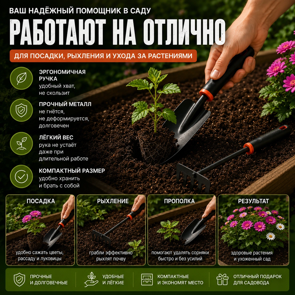 Набор садовых инструментов : Мини-грабли и Совок-лопатка