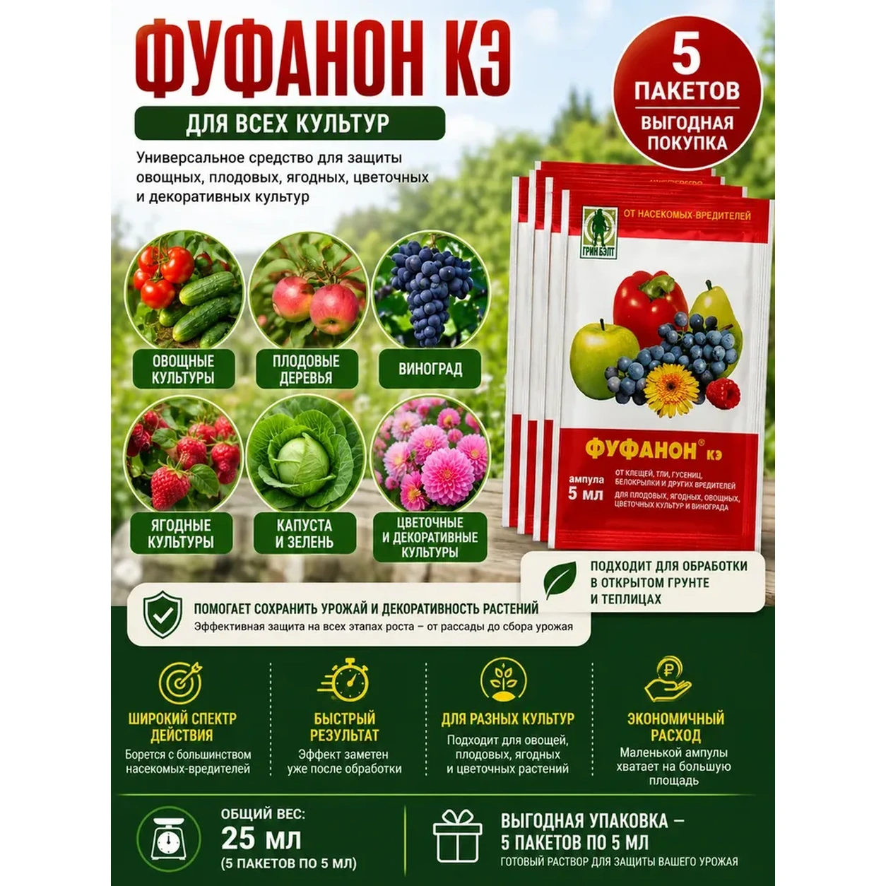 Инсектицид Грин Бэлт Фуфанон КЭ 5 Ампул 1 мл от вредителей.