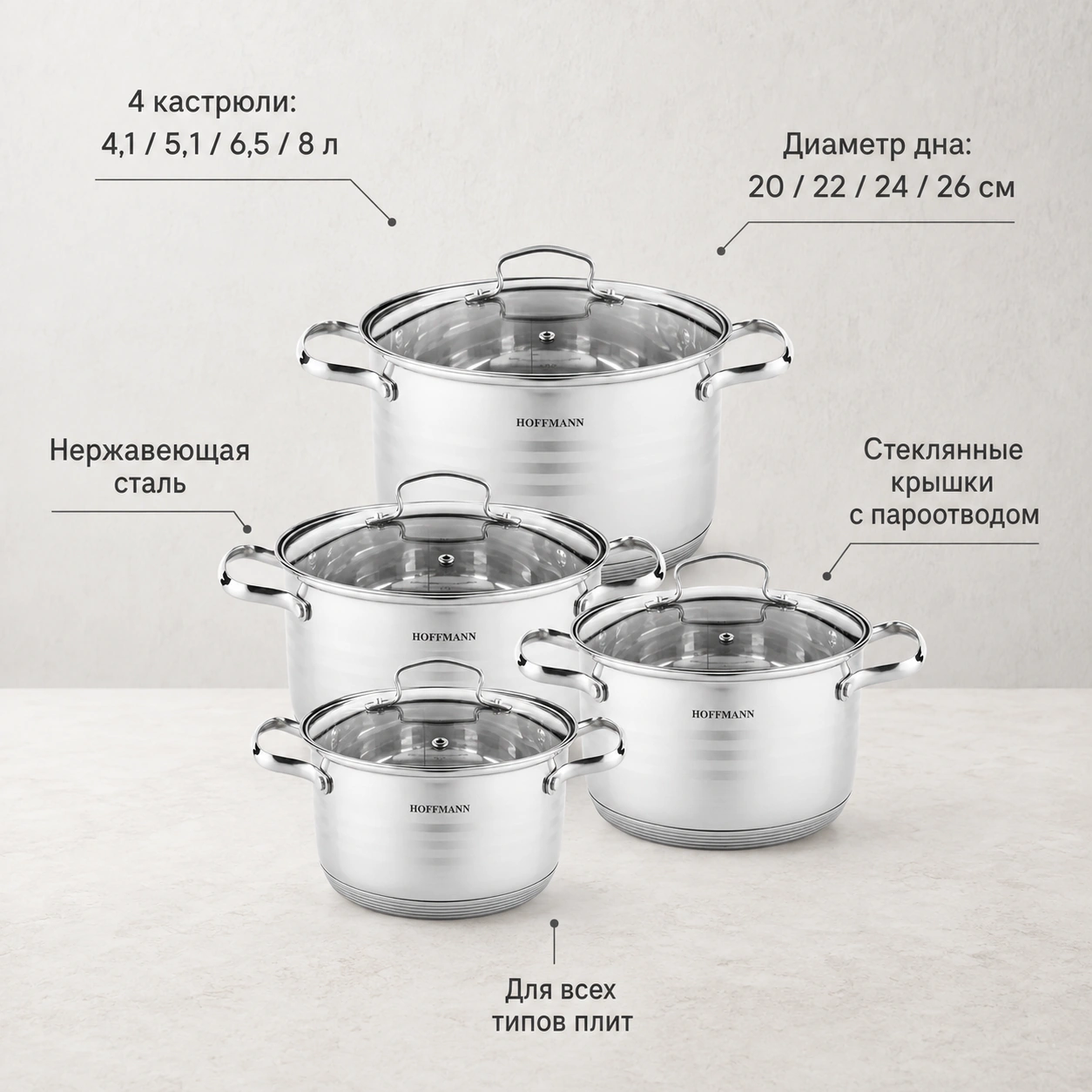 Набор кастрюль из нержавеющей стали, 4 шт.
