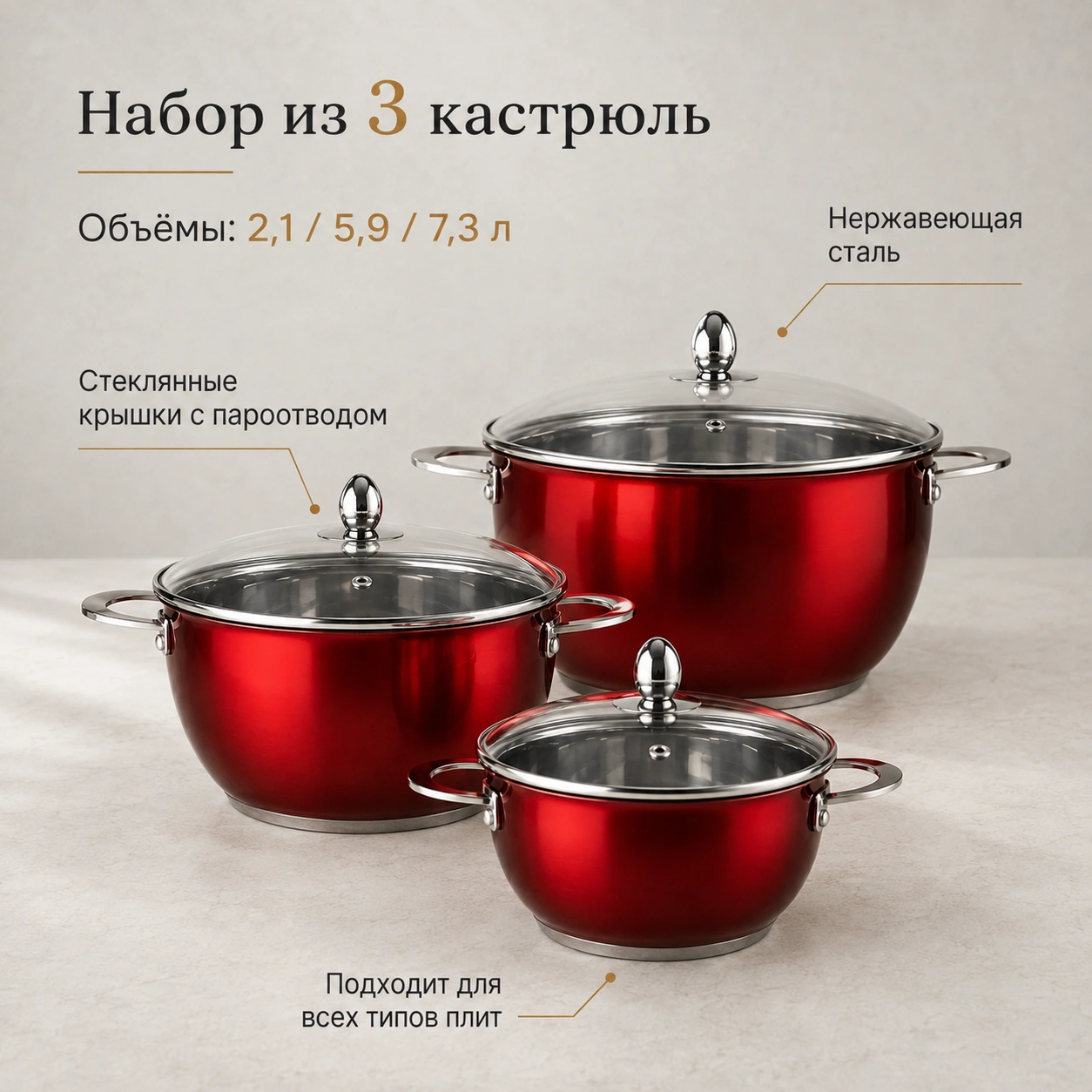 Набор кастрюль из нержавеющей стали, 3 шт.